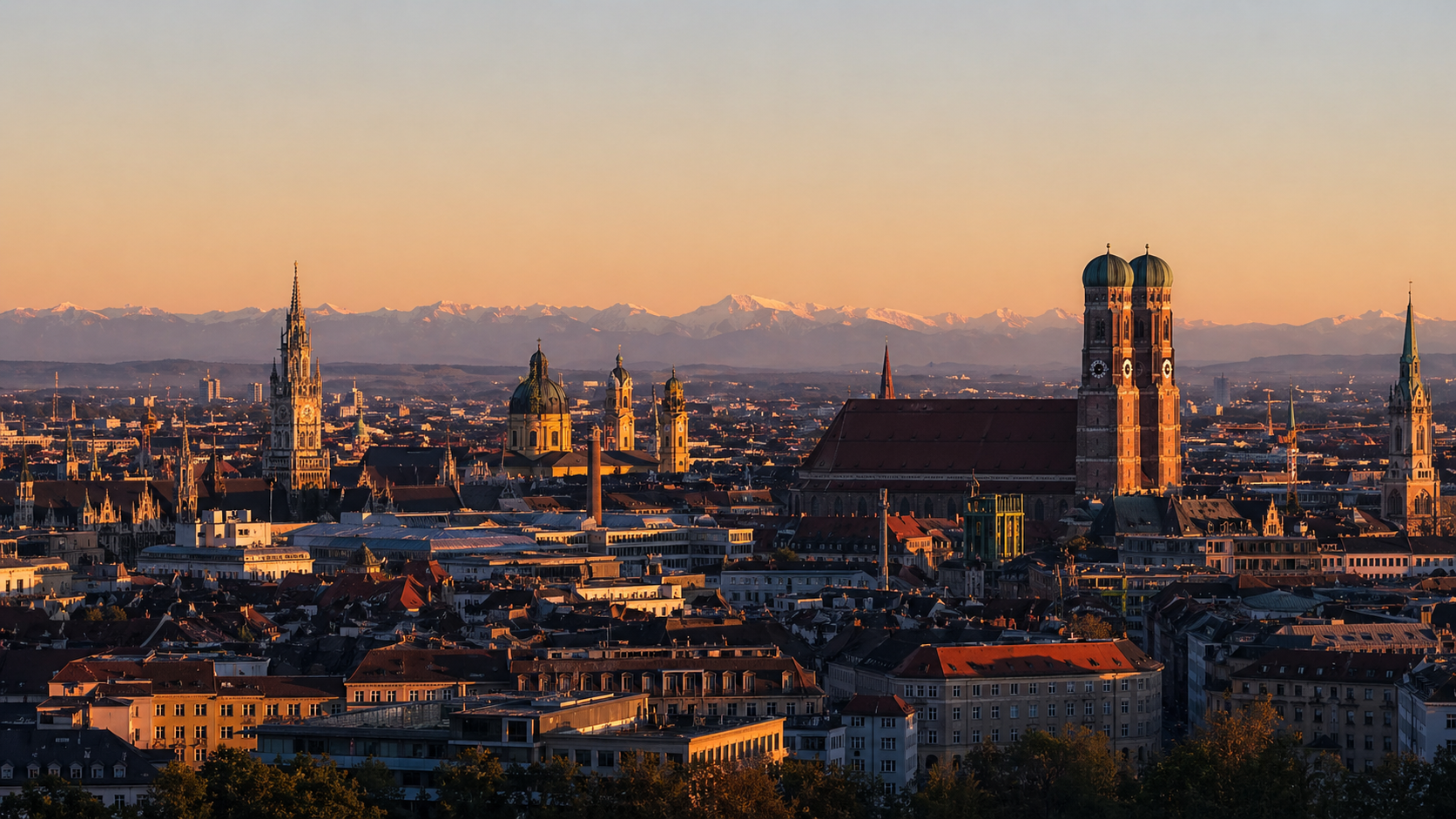 Munich skyline at sunset with the Alps behind the city